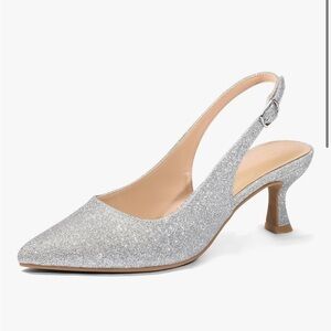 Silver Glitter Slingback Kitten Heel Pumps - Women's Heels